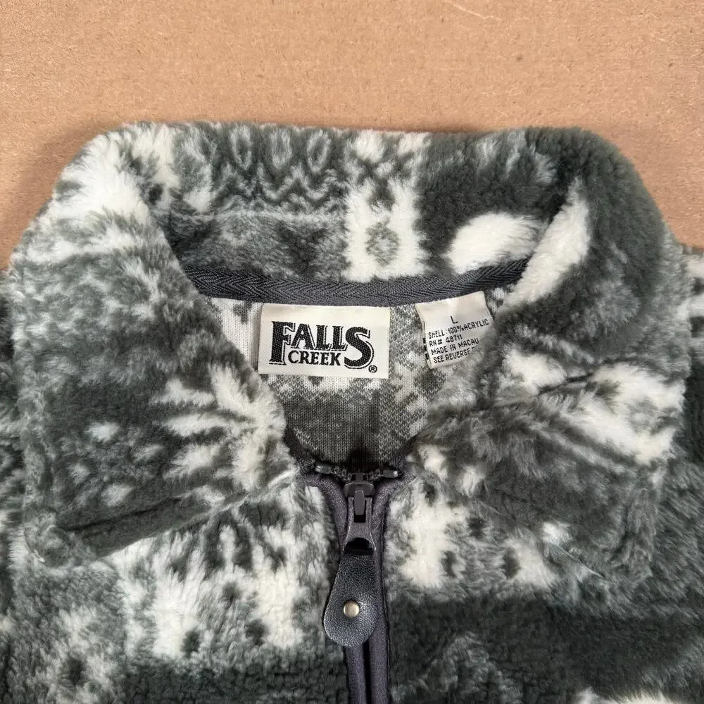 Polar Bear Snowflake Pattern Fleece Zip Jacket Winter Gray White Women’s Large
